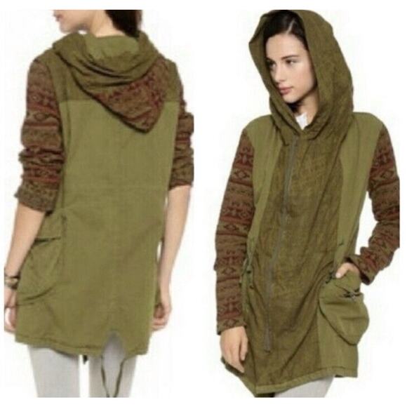 Free People Mixed Media Tapestry Hooded Parka Jacket Size S in Army Green - Picture 1 of 14
